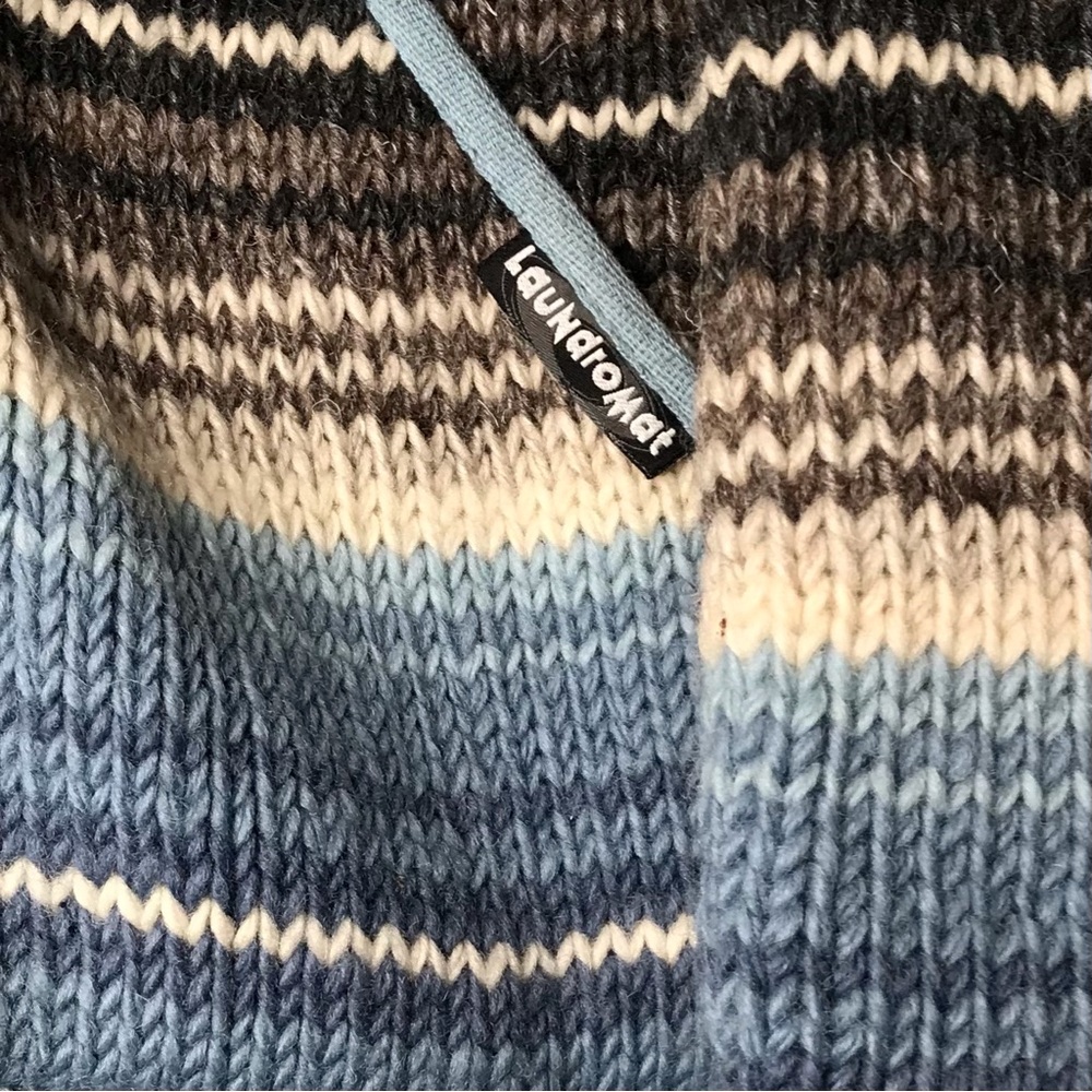 Laundromat Striped Blue Brown Cream Full Zip Wool Sweater Jacket Unisex Large - Picture 6 of 11